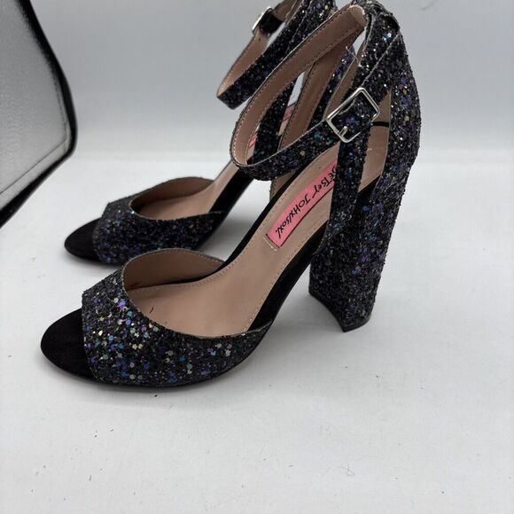 Betsey Johnson Glissten Heels 6 Glitter Rainbow Black Platform Block Party Shoe - Picture 4 of 13